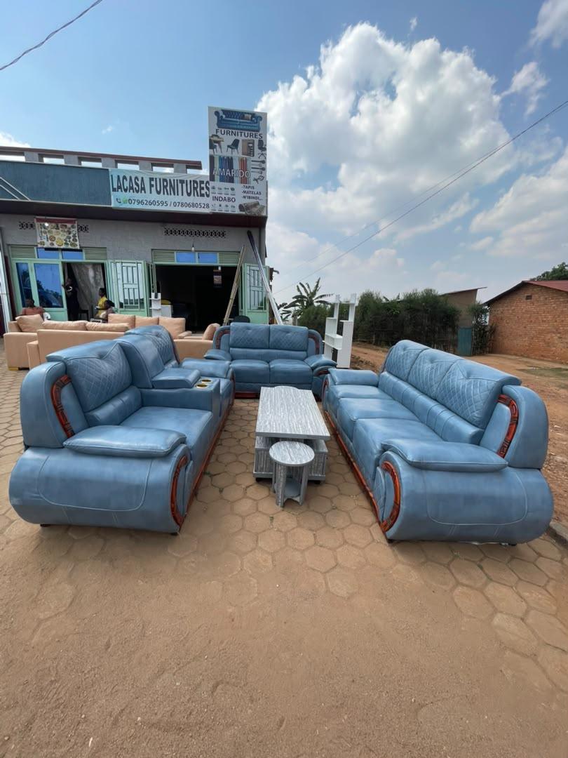 Blue Leather Sofa Set