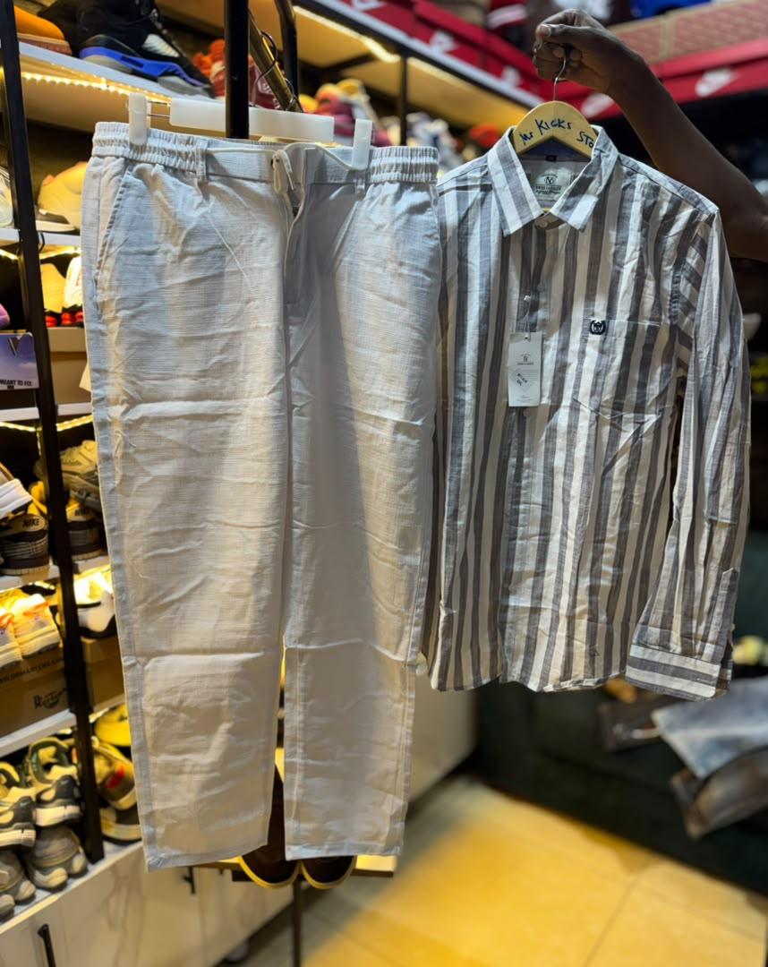 Men's Casual Summer 2-Piece Set – Striped Shirt & Linen Trousers