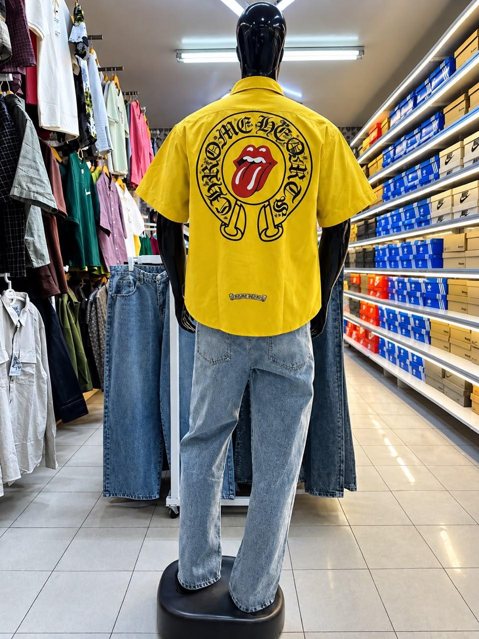 Men's Casual Streetwear Set – Chrome Hearts Yellow Shirt & Blue Jeans